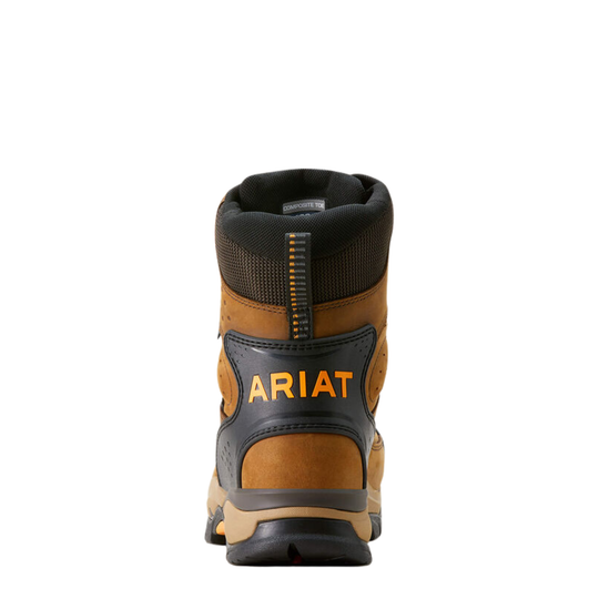 A single Ariat mid-cut work boot shown from the back, featuring tan leather panels, black mesh and synthetic overlays, and the brand name 'ARIAT' in orange on the heel.