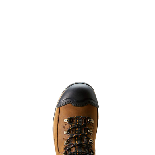 Brown leather boot with black top on a white background