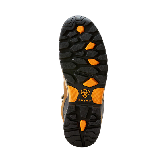 A top-down view of a black and orange Ariat boot sole, showing the tread pattern and brand logo on a white background.