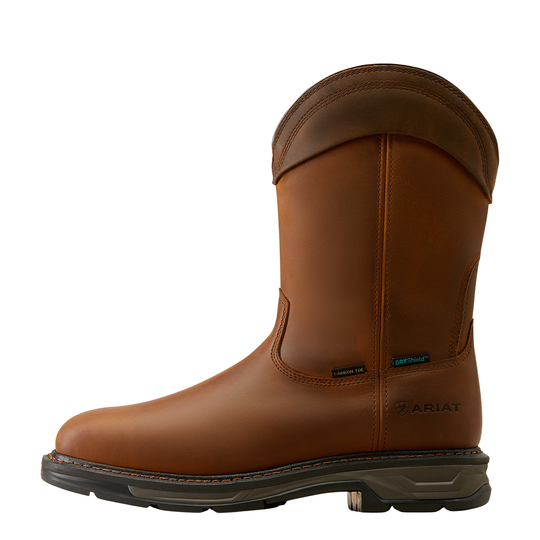 A brown leather Ariat work boot with a dark gray sole, shown from a side profile view against a white background.