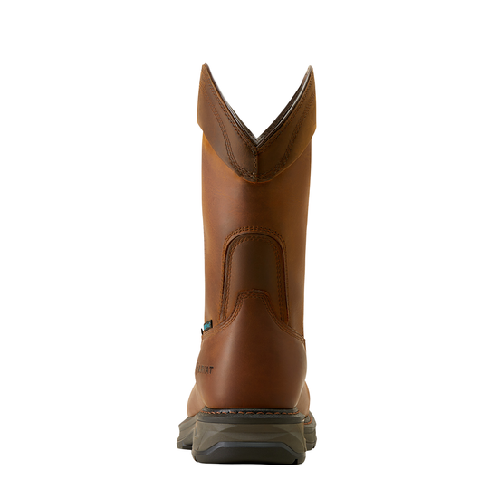 A single brown leather western-style boot shown from the back on a plain white background.