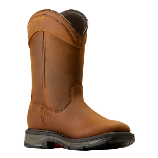 A single brown leather western-style boot with a dark gray and black sole, shown from a side profile on a solid white background.