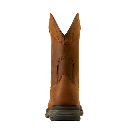 A single brown leather cowboy boot shown from the back on a plain white background.