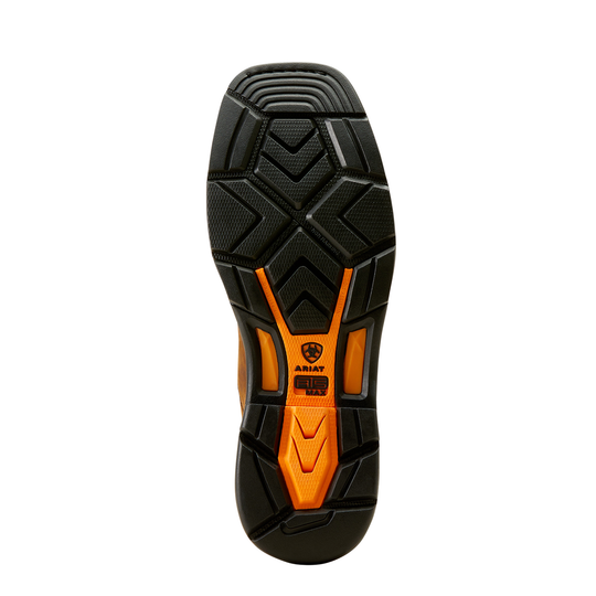 The outsole of a shoe shown from a top-down view, featuring a black tread pattern with bright orange accents and the Ariat logo and text.