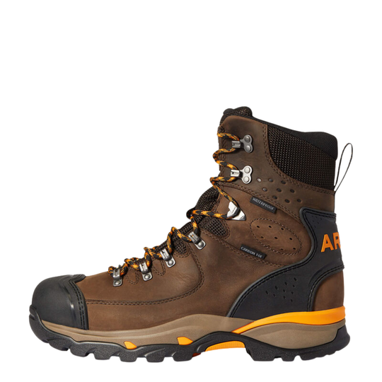 A brown leather hiking boot with black and orange accents, featuring a protective black toe cap, silver metal eyelets, and a rugged sole, shown against a plain white background.