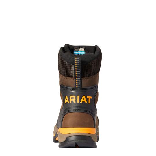 A single Ariat work boot shown from the back, featuring a dark brown and black leather and mesh upper with bright orange branding and a matching orange accent stripe on the midsole.