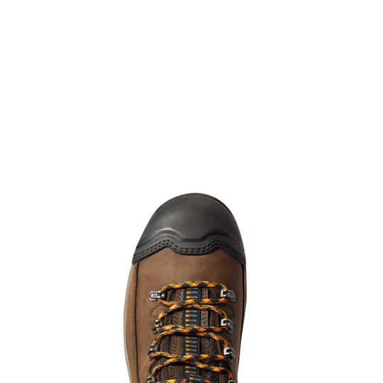 A close-up top-down view of a brown hiking boot showing the toe cap, laces, and eyelets against a solid white background.