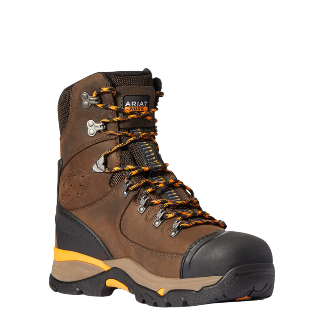 A brown Ariat Work 8-moon work boot with black and orange accents, featuring a black toe cap, silver metal eyelets, and orange-and-black laces, shown on a plain white background.