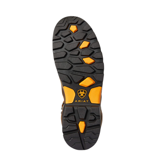 The black rubber outsole of an Ariat boot, featuring bright orange accent tread blocks and the Ariat logo, shown against a plain white background.