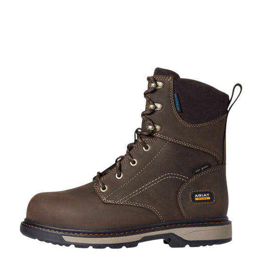 A brown Ariat lace-up work boot with a dark brown collar, silver metal eyelets, and a black and gray sole, shown from a side profile on a white background.