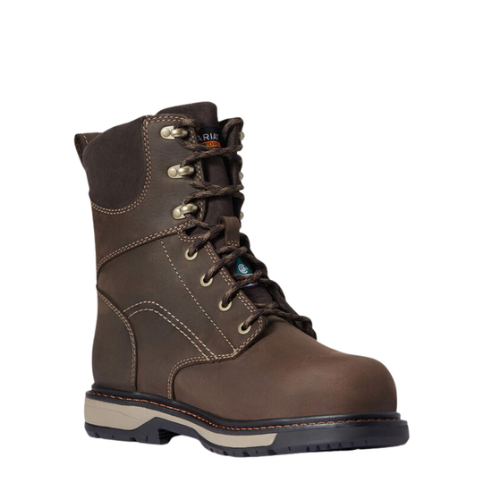A dark brown leather lace-up work boot with metal eyelets, contrast stitching, and a black and gray sole, shown from a three-quarters angle on a white background.