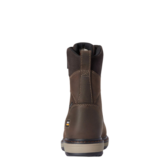 A single brown leather work boot shown from the back on a solid white background.