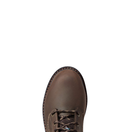 A close-up top-down view of a dark brown leather lace-up boot against a solid white background.