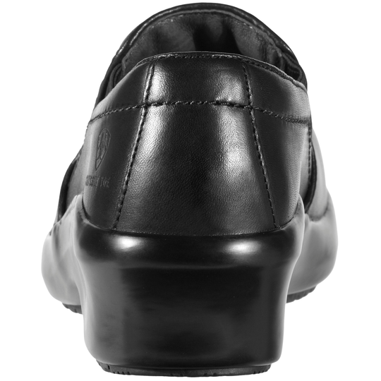 A close-up rear view of a black slip-on shoe with a chunky block heel, photographed against a plain white background.