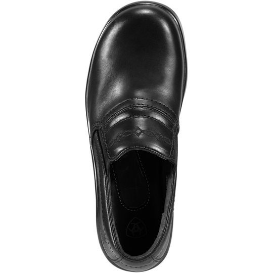 A single black leather slip-on shoe shown from a top-down view against a plain white background.