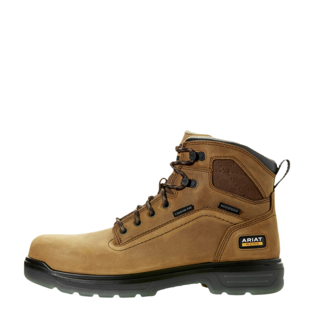 A single Ariat work boot in tan suede and brown leather, featuring black laces, a black outsole, and a black ankle collar, shown from a side profile on a white background.