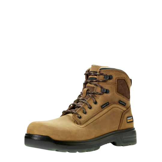 A single brown leather work boot with black soles and laces, featuring a lace-up closure and protective toe, shown against a plain white background.