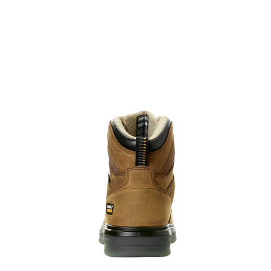A single mid-cut work boot shown from the back on a solid white background, featuring a tan leather upper, black heel and sole, and a black and beige pull tab.