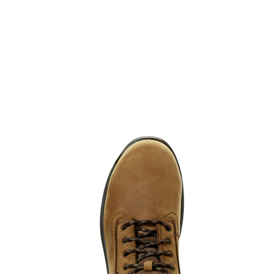 A close-up top-down view of a tan suede lace-up boot on a solid white background.