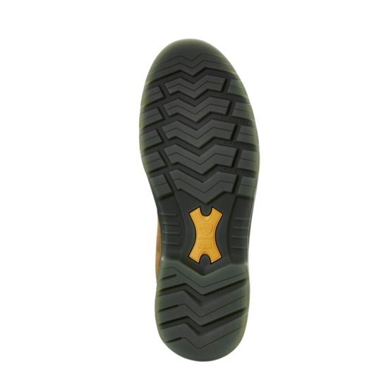 The treaded outsole of a boot, shown from a top-down view. The sole is primarily black with a textured chevron pattern and a small yellow accent logo in the center.