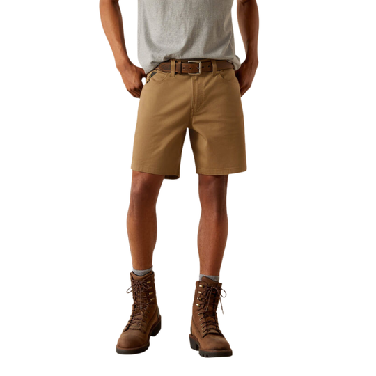 A model wearing tan khaki shorts with a brown belt, paired with a light gray t-shirt and brown lace-up boots, shown from the waist down on a white background.