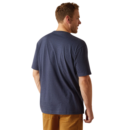 A man wearing a heather navy blue crewneck t-shirt, shown from the back and side profile against a solid white background.