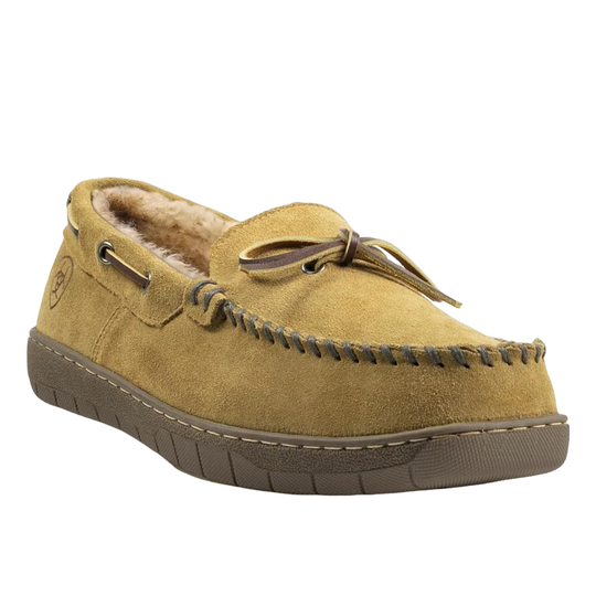 A single tan suede slip-on moccasin-style shoe with a brown sole, decorative stitching, and a matching brown leather tie detail on the vamp, shown against a plain white background.