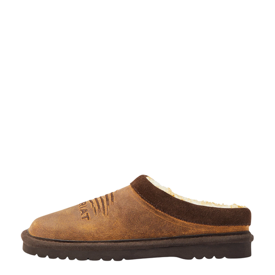 A single brown suede slipper with a dark brown elastic heel and a cream-colored shearling lining, shown from a side profile on a white background.