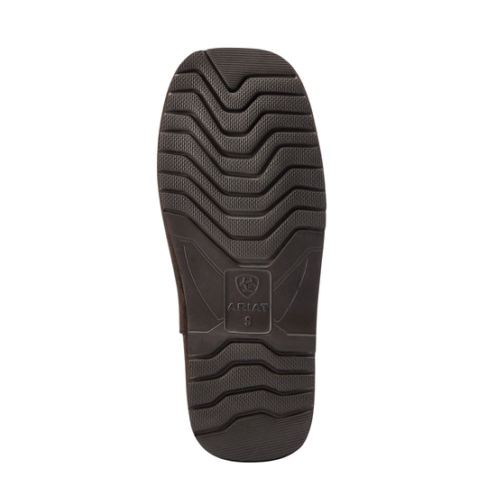 Black sole of a shoe with a brand logo on a white background