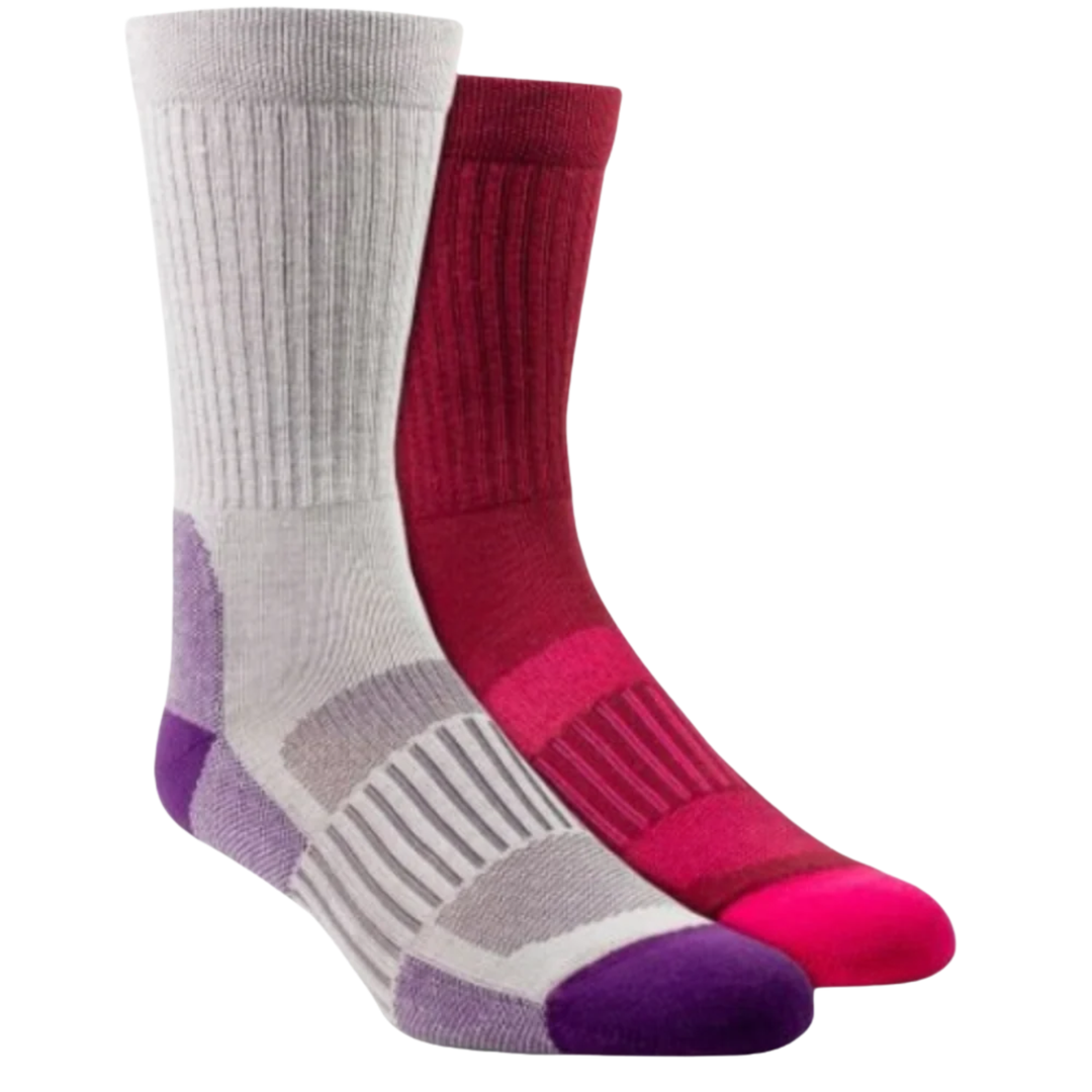 Two crew socks shown on a plain white background, one in light gray with purple and gray accents, and the other in dark red with pink and purple accents.