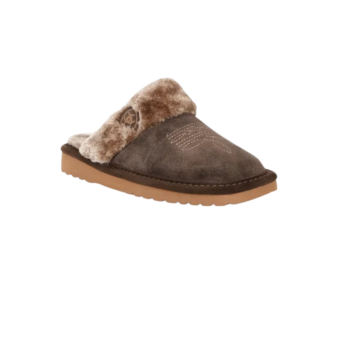 A single women's slip-on mule slipper in dark brown suede with a plush tan and brown faux-fur collar, shown from a side angle on a plain white background.