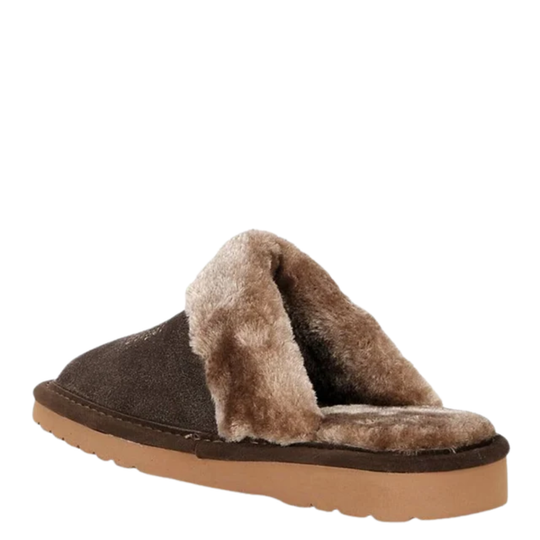 A single slip-on mule slipper with a dark brown suede-like upper, a soft tan faux-fur collar, and a tan sole, shown from a side angle on a white background.