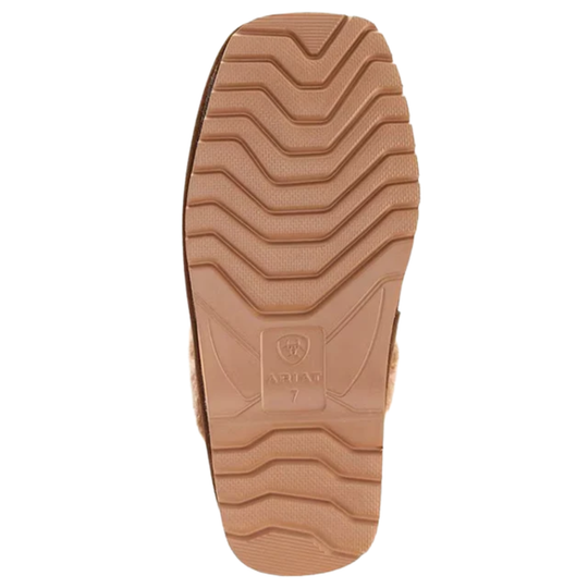 A top-down view of a shoe's tan rubber sole, showing a wavy tread pattern and an embossed Ariat logo with the brand name 'ARIAT' and '7' on the center.
