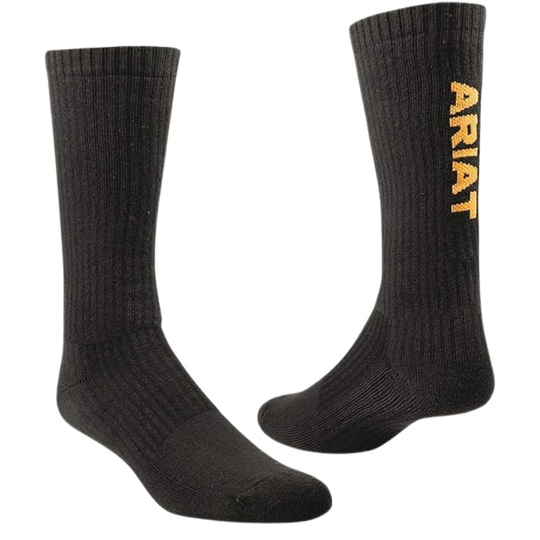 A pair of black crew-length athletic socks with ribbed cuffs, shown on a plain white background. One sock features the brand name 'ARIAT' printed vertically in gold on the side.