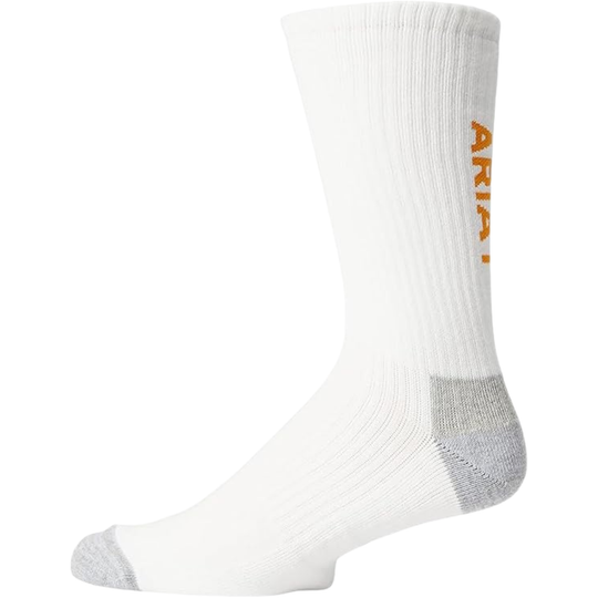 A single white crew sock with a gray heel and toe, featuring the brand name 'ARIA' printed vertically in orange on the side, set against a plain white background.