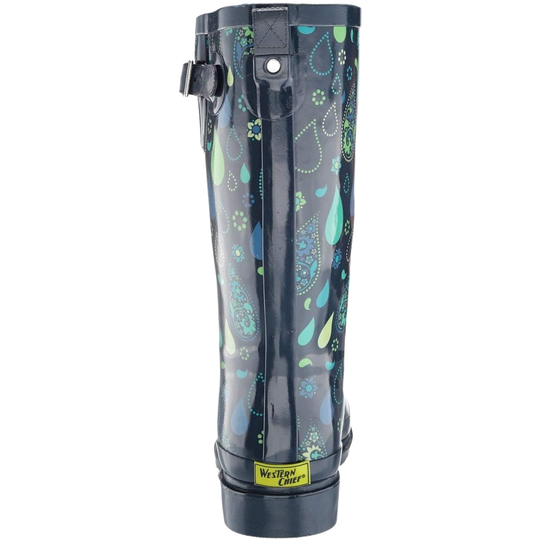 A single rain boot from Western Chief, featuring a dark navy base with a vibrant paisley pattern in light blue, green, and teal, shown against a plain white background.