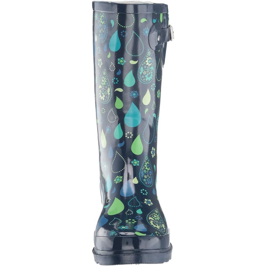 A single knee-high rain boot with a glossy dark navy base covered in a whimsical pattern of teal, green, and light blue teardrops, flowers, and dots, shown against a plain white background.