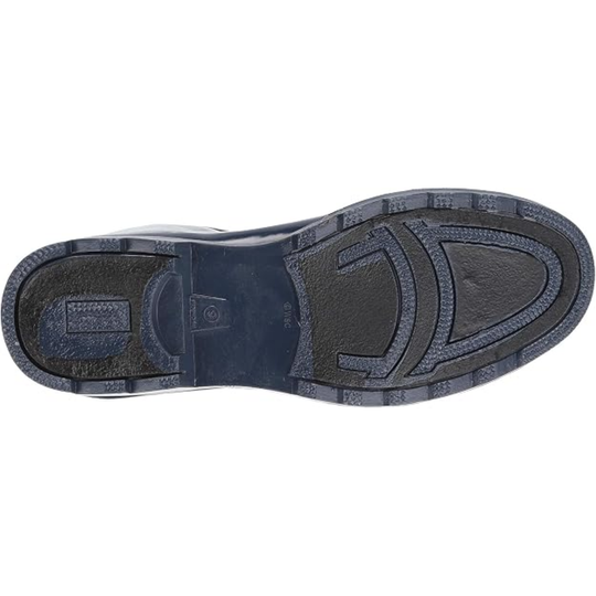 Top-down view of a dark gray and black shoe sole, showing tread patterns and a textured rubber outsole on a white background.