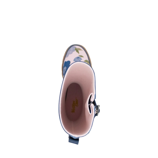 Top-down view of a single rain boot featuring a light pink interior, a navy blue strap with a silver buckle, and a floral print on the exterior with blue, green, and white flowers on a pale pink background.