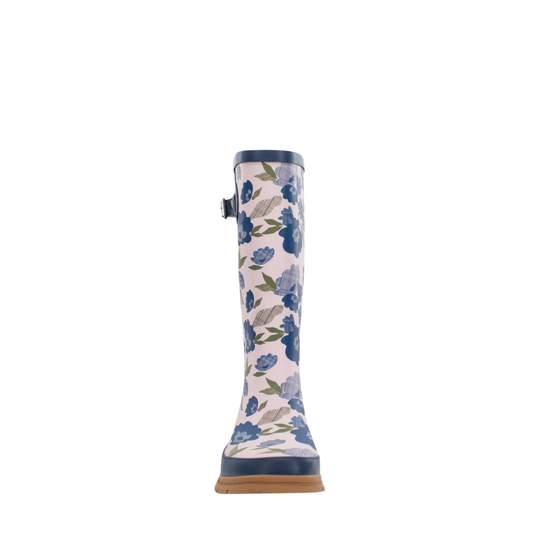 A single mid-calf rain boot with a blue floral pattern on a white background, featuring navy blue trim at the top and bottom and a brown outsole.