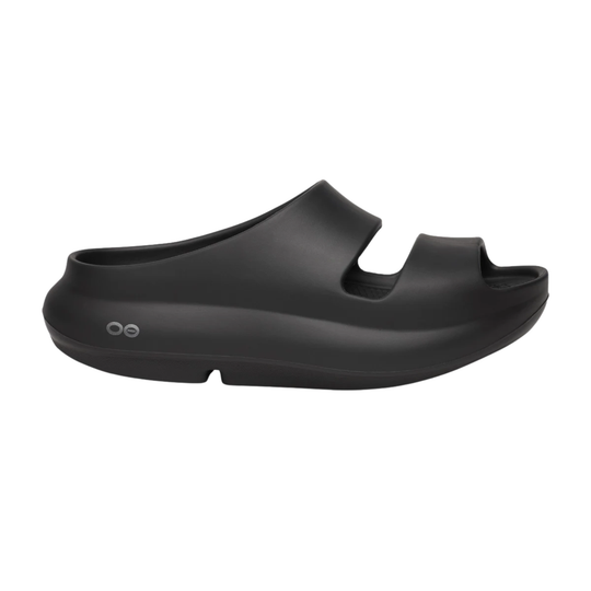 Black sandal with a brand logo on a white background