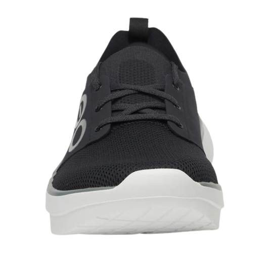 A black mesh athletic sneaker with a thick white sole, shown from a front-facing perspective against a plain white background.