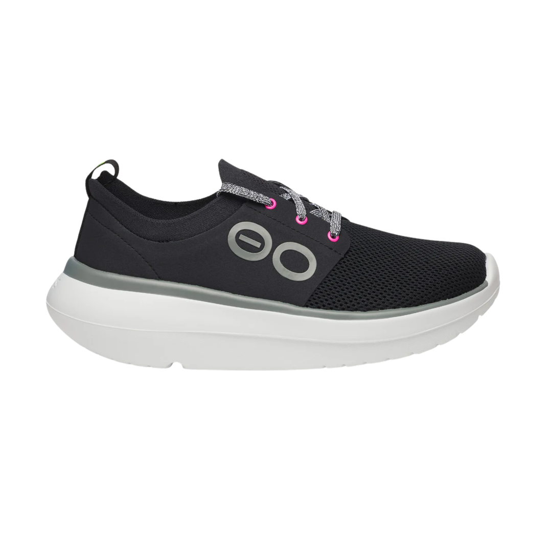 Black running shoe with a colorful sole on a white background