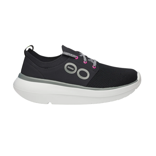 Black running shoe with a colorful sole on a white background