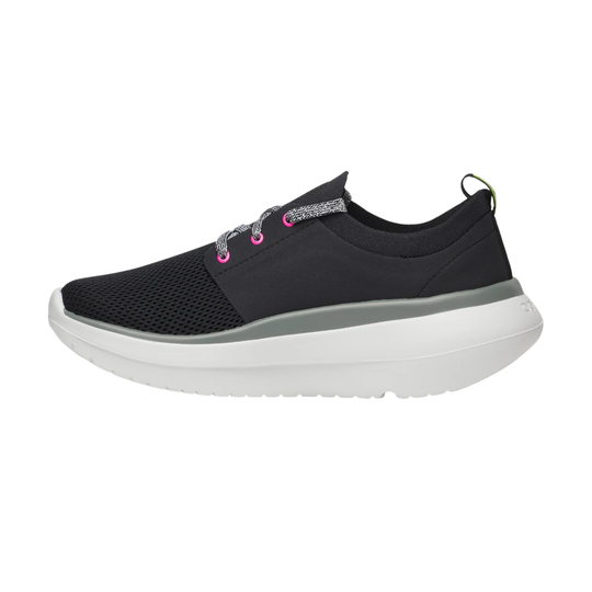 Navy blue sneaker with white sole on a light gray background