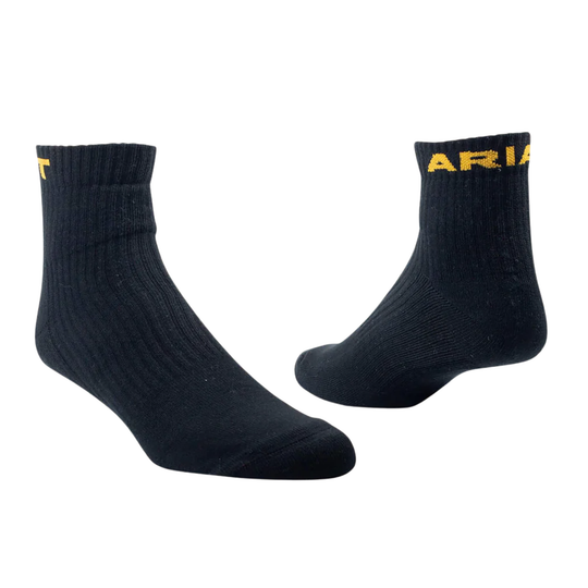 A pair of black ribbed ankle socks with yellow branding. One sock shows a partial yellow 'T' logo on the side, and the other shows the word 'ARIA' in yellow across the cuff.