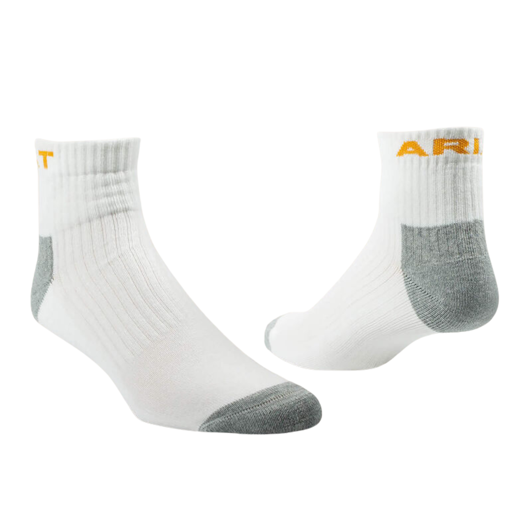 A pair of Ariat mid-calf athletic socks in white with gray heel and toe accents, shown from two angles on a plain white background.
