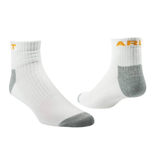 A pair of Ariat mid-calf athletic socks in white with gray heel and toe accents, shown from two angles on a plain white background.