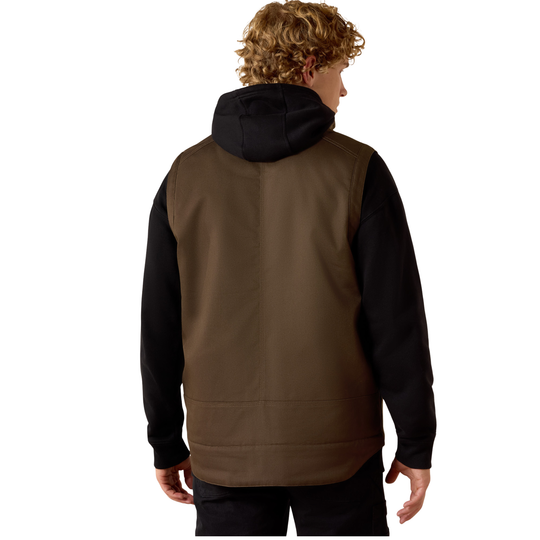 A man viewed from the back wearing a brown and black hooded jacket, set against a plain white background.
