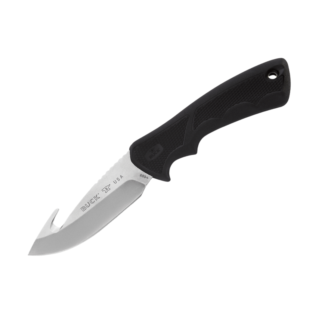 A fixed-blade knife with a silver stainless steel blade and a textured black handle, shown diagonally on a plain white background.